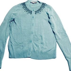 LOFT Mint Green Cardigan Sweater with Embellished Rhinestones Neckline